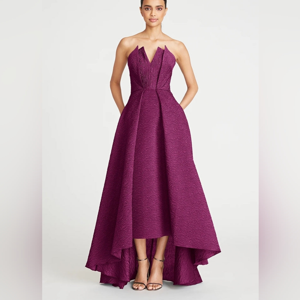 Theia Purple "Imogen" Strapless High-Low Jacquard Gown plus in Wineberry